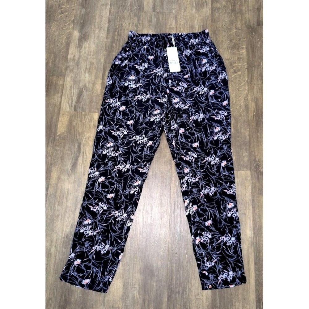Julia Navy Pants Size  L Blue Floral Botanical Cotton Elastic Waist Relaxed NWT